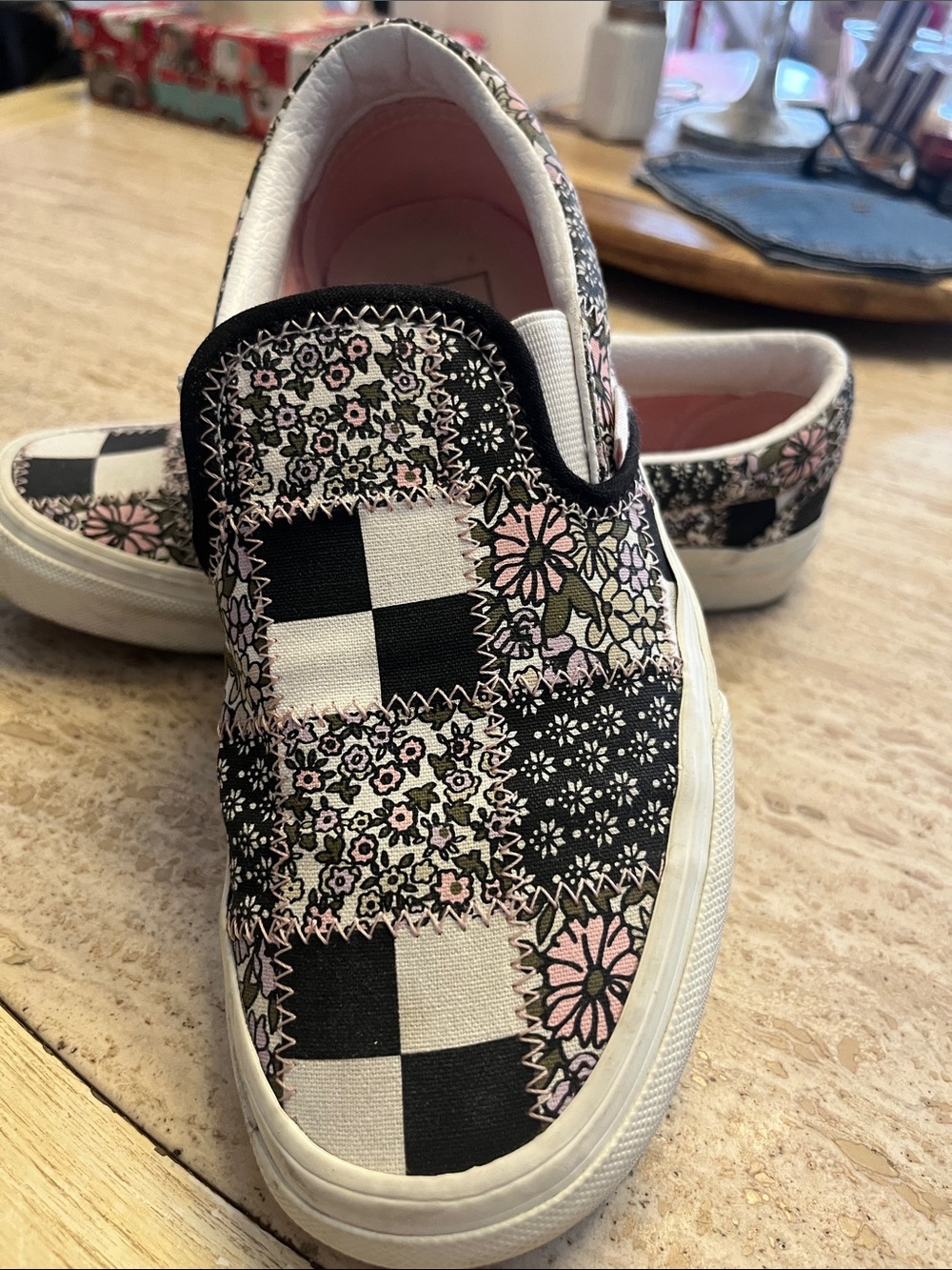 Vans Women's Slip-On Checker & Floral Patchwork Sneakers - Black, Pink, White - Picture 4 of 4